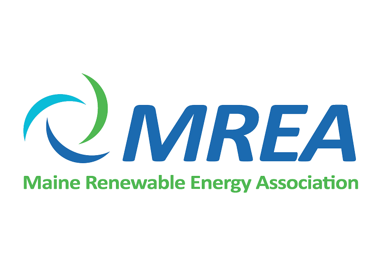Blue MREA logo with green Maine Renewable Energy Association text on black background.