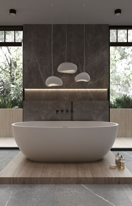 Modern bathroom with a bathtub, three lamps, and large windows
