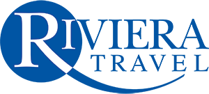 Riviera Travel: Blue logo with text and a curved line design.