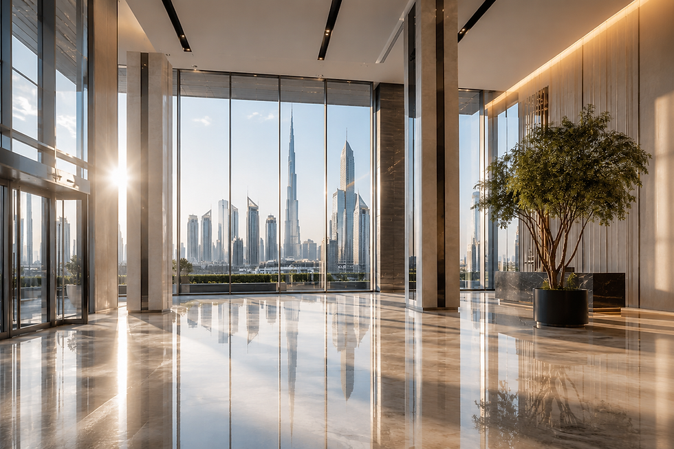 Modern lobby overlooking the Dubai skyline with Burj Khalifa.