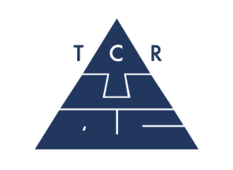 Dark blue triangle with letters T C R centered on a black background.