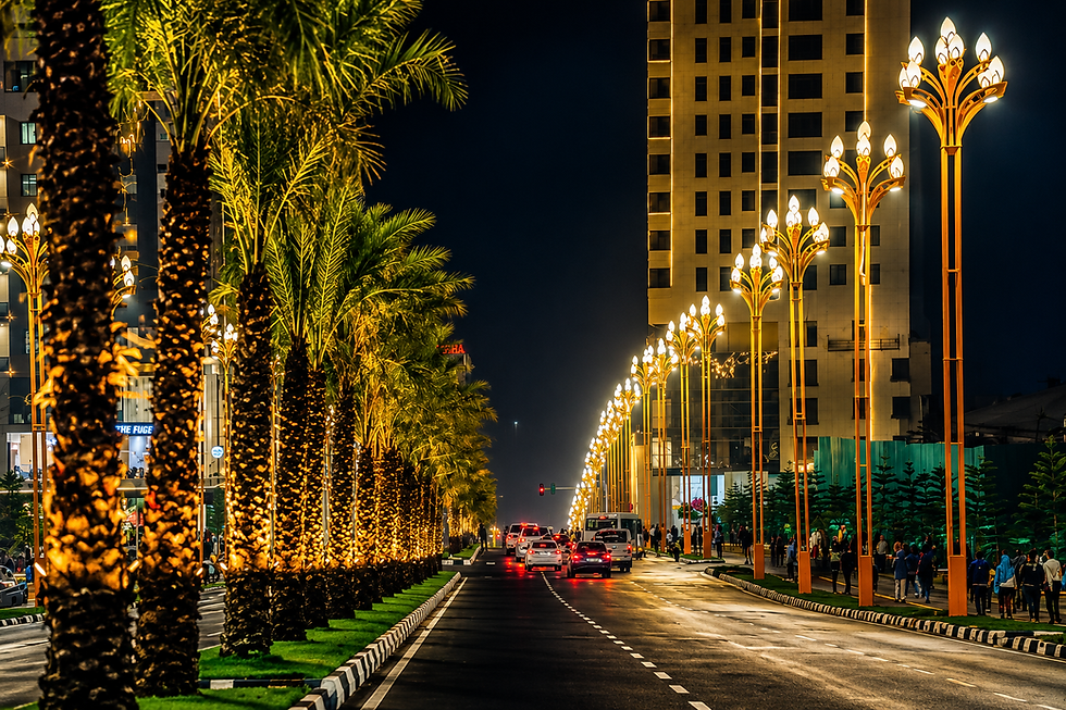 Illuminated palm trees and street lights along a city road at night.