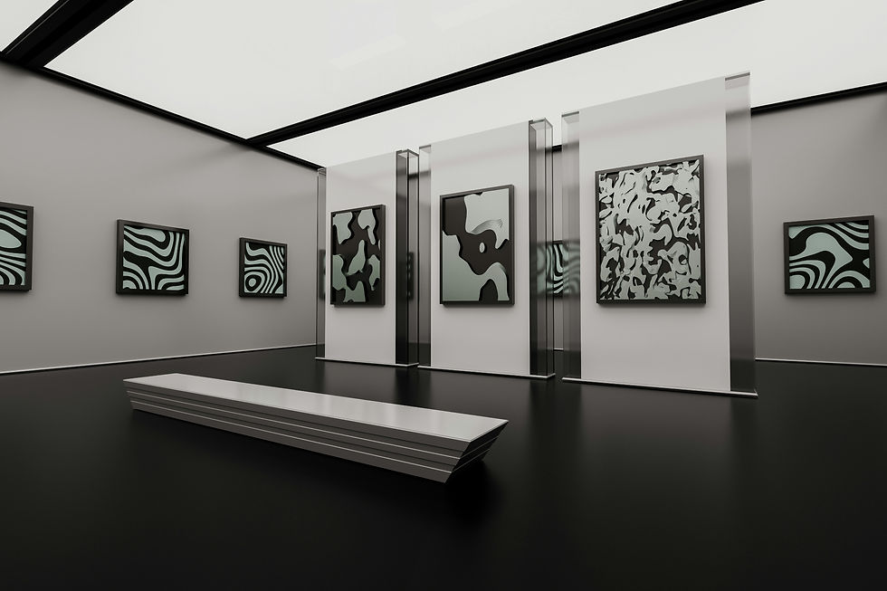Modern art gallery displays abstract paintings on walls and display stands