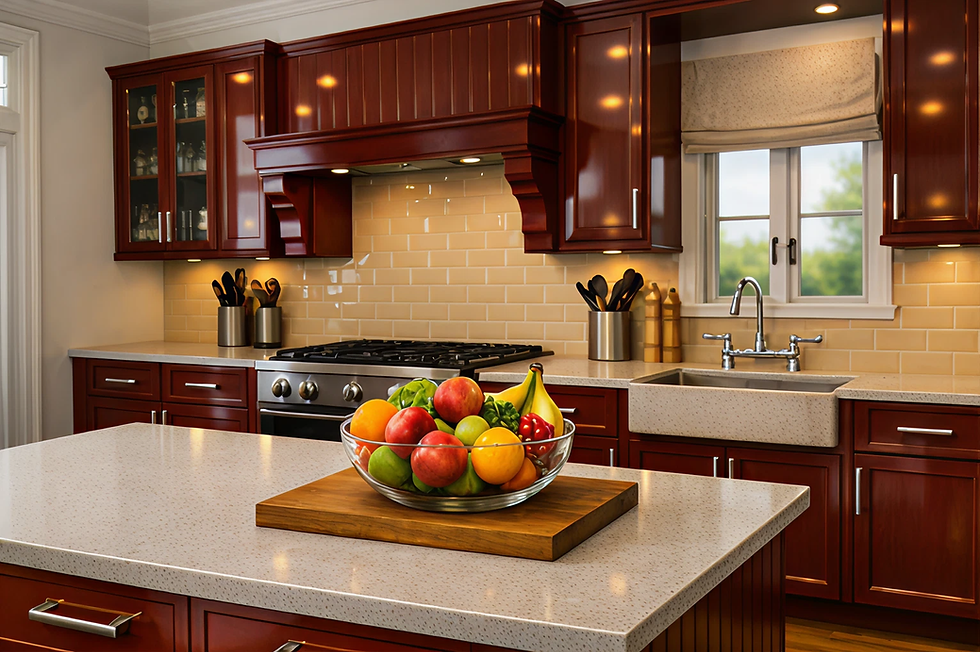 Bowl of fresh fruit on a kitchen island with dark cabinets.