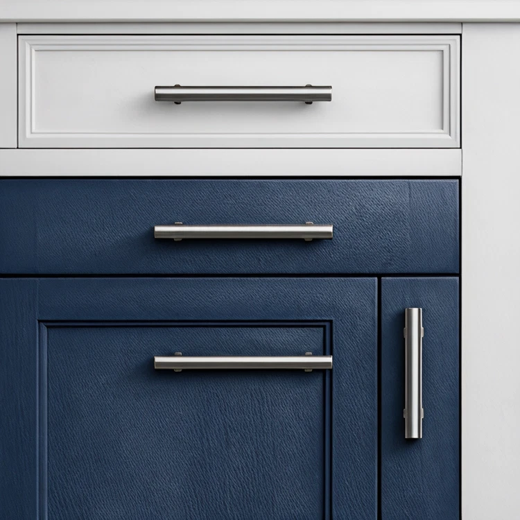Modern navy and white kitchen cabinets with silver handles