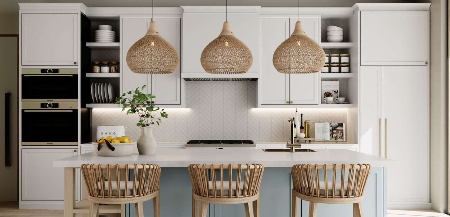 Modern kitchen design with island, pendant lights, and wooden bar stools. Legourmet Kitchen