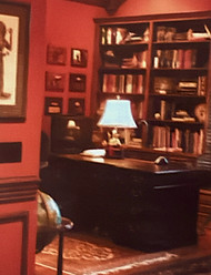 Kearsley designerd and project managed living room with custom handwoven sofa fabric and exquisite Persian rugs. LIbrary