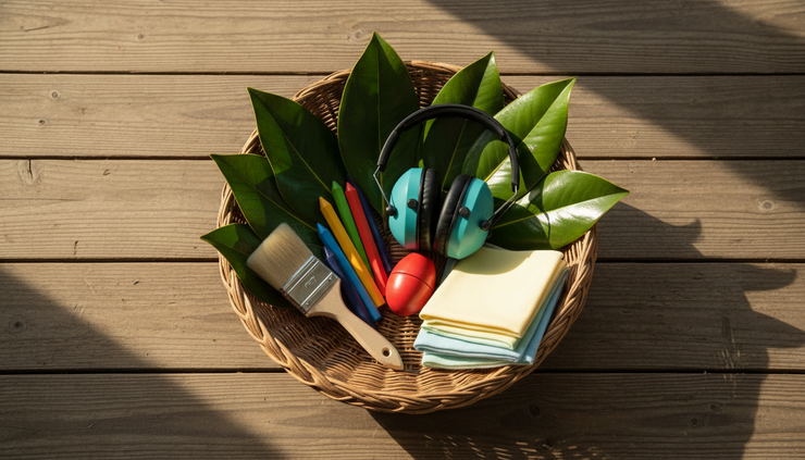 Overhead view of a sensory basket with leaves, crayons, headphones, and a small shaker