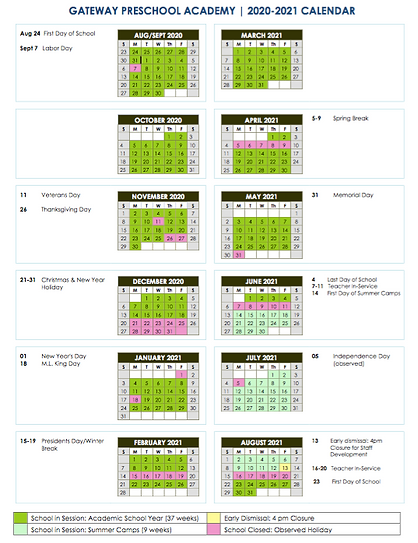 School Calendar gatewaypreschool