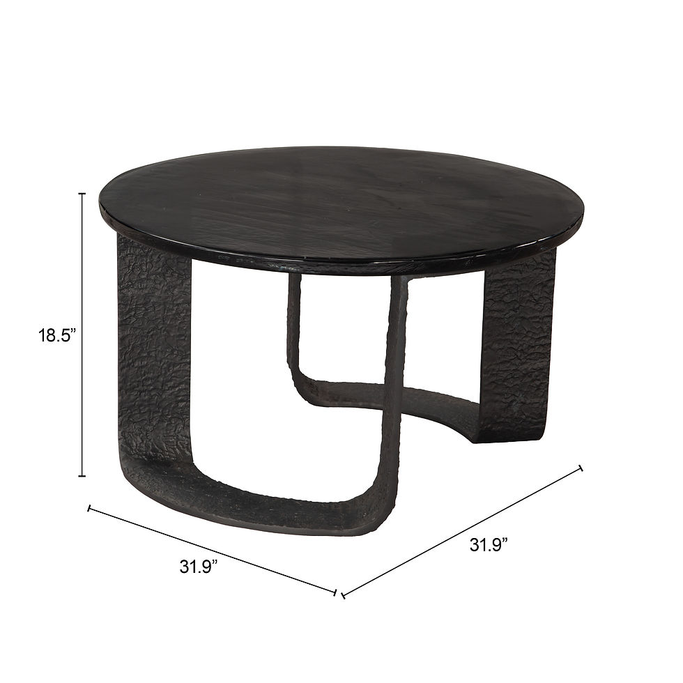 Thumbnail: Round black coffee table with textured sculptural base and smooth dark tabletop