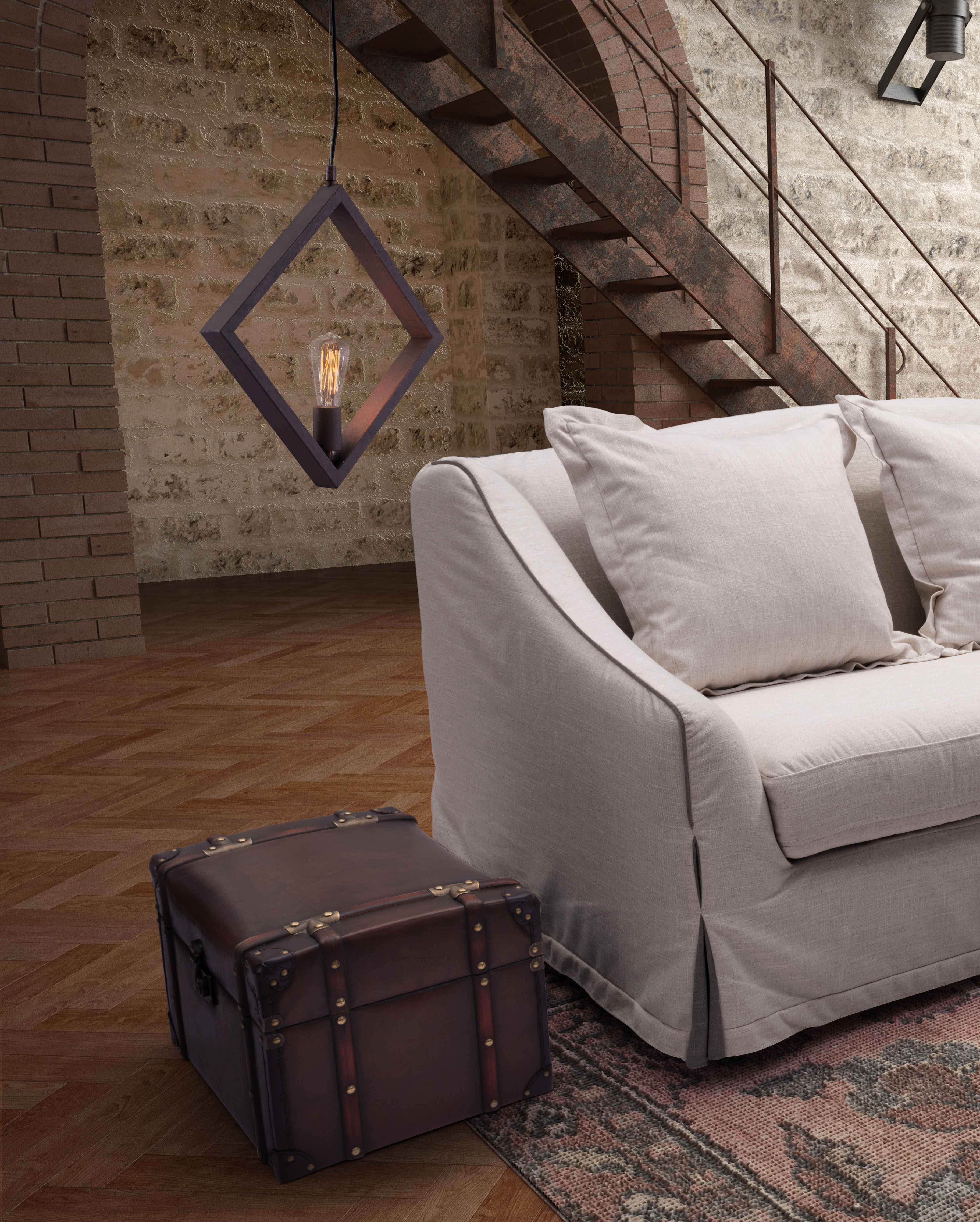 Diamond-shaped rust metal ceiling lamp with an open-frame design showcasing a filament-style bulb.