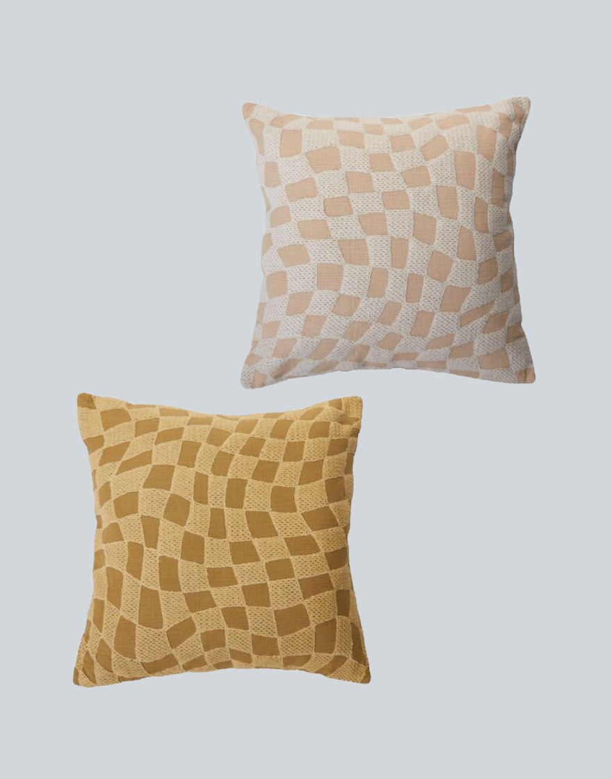 Thumbnail: Textured square accent pillow with uneven checkered design in mustard and tan