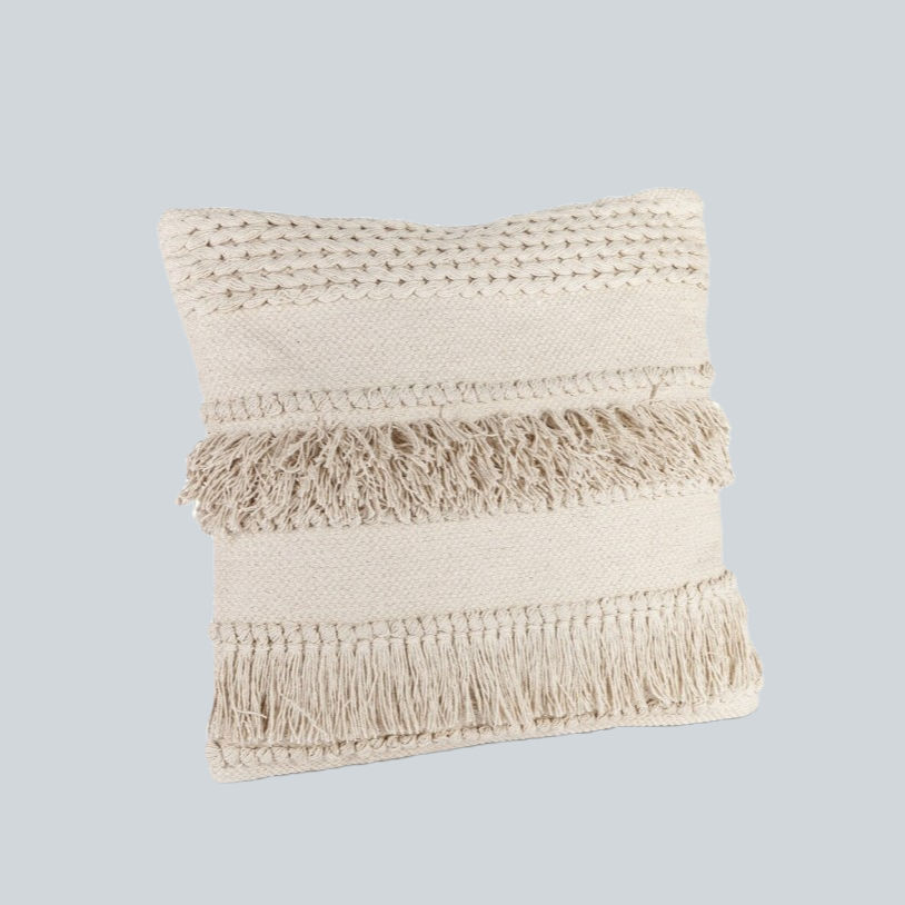 Thumbnail: “Cream woven decorative throw pillow with braided detailing and soft layered texture.