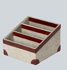 Angled desk organizer with three compartments, cream and burgundy accents.