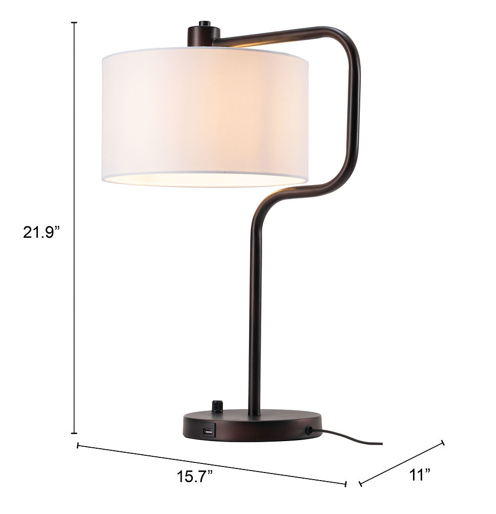 Thumbnail: Modern bronze table lamp with a slim metal base, angled arm, and soft fabric shade, featuring a dimmer switch on the base and