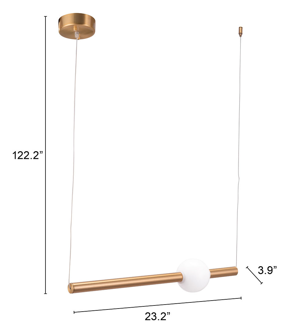 Thumbnail: Modern brass ceiling lamp with slim horizontal steel bar and frosted glass globe, suspended above a window in a contemporary 