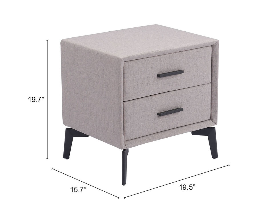 Thumbnail: Gray upholstered side table with two drawers and black metal legs