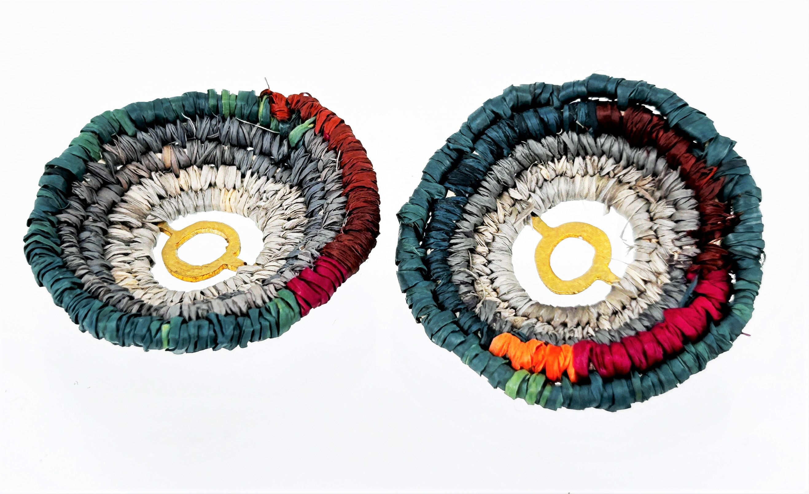 Hand-made raffia, brass & silver earring