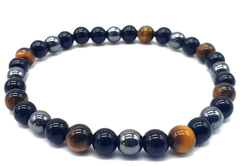 Bracelet Protection Obsidienne Noire, Hématite, Oeil de Tigre perles 6mm