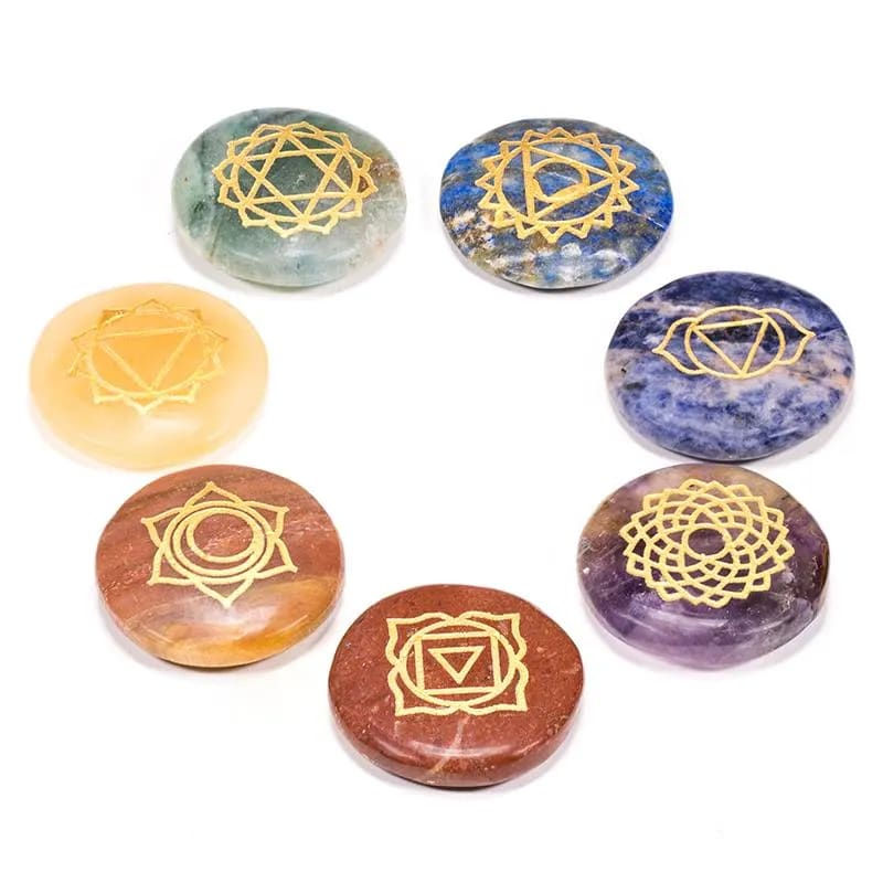 SET 7 Pierres rondes plates symboles chakra