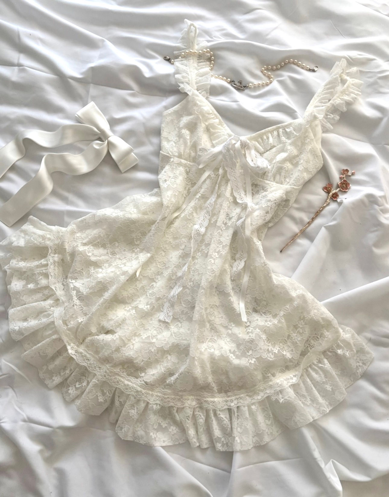 ❀ Babydoll White Lace Mesh Flowing Angelic Dress ❀