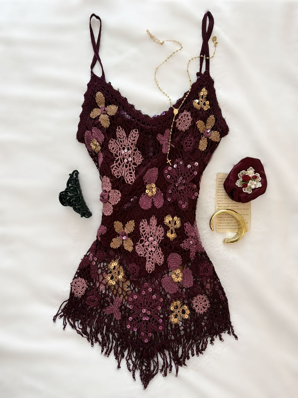 Thumbnail: ❀ Dark Elegance Mouve Crochet Floral Detailed Cami  ❀