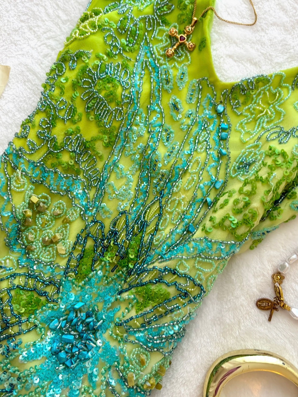 Thumbnail: ❀ Vintage Beaded Green & Navy Blue Ombré Dress ❀