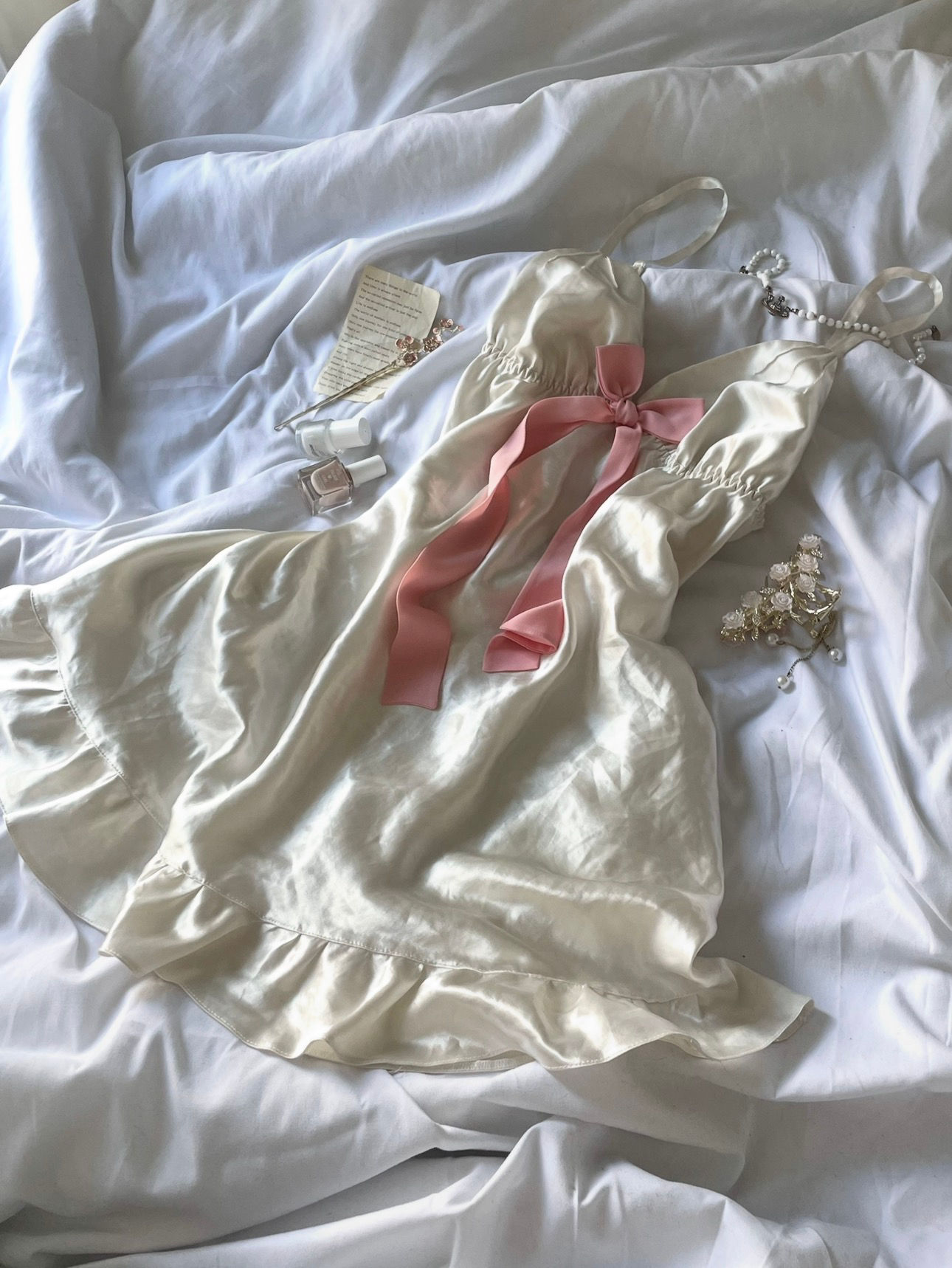 ❀ Silky Pink Lace Dollette Ruffle Trim Evening Dress ❀