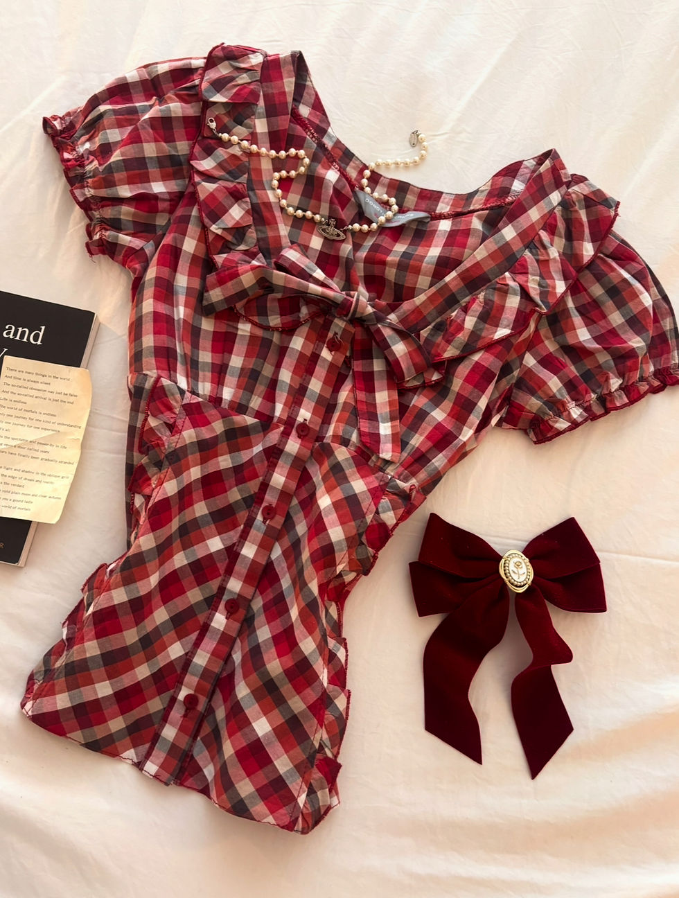 Thumbnail: ❀ Checkard Deep Red Chest-Flattering Shirt ❀