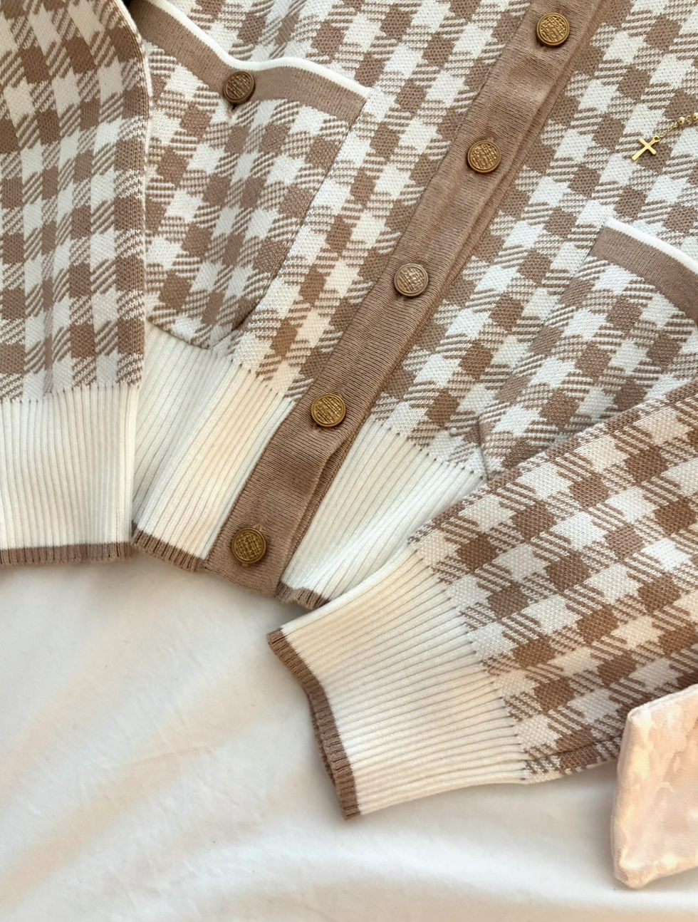 Thumbnail: ❀ Checkered Mocha Brown & White Chic Cardigan ❀