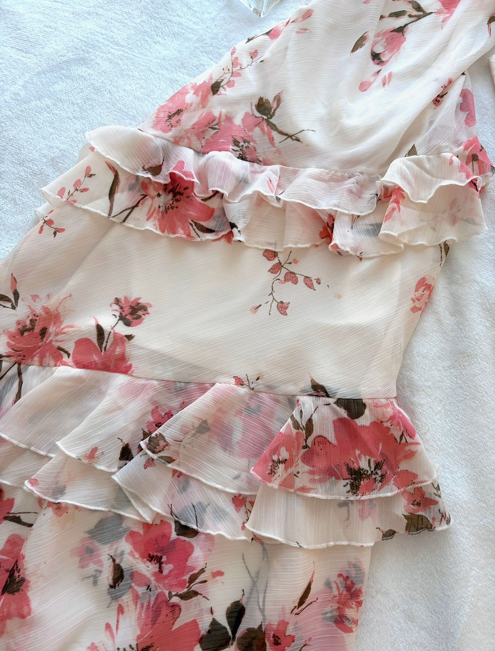 Thumbnail: ❀ Floral Pink & Ivory Ruffle Trim Dollette Dress ❀