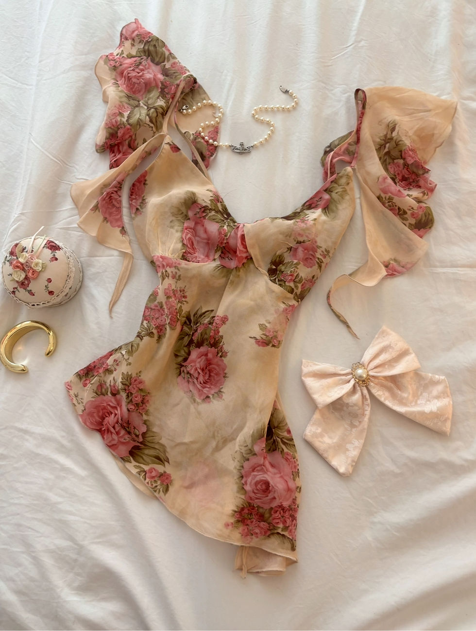 Thumbnail: ❀ Floral Dollette Ivory & Pink Ruffle Cami Top ❀