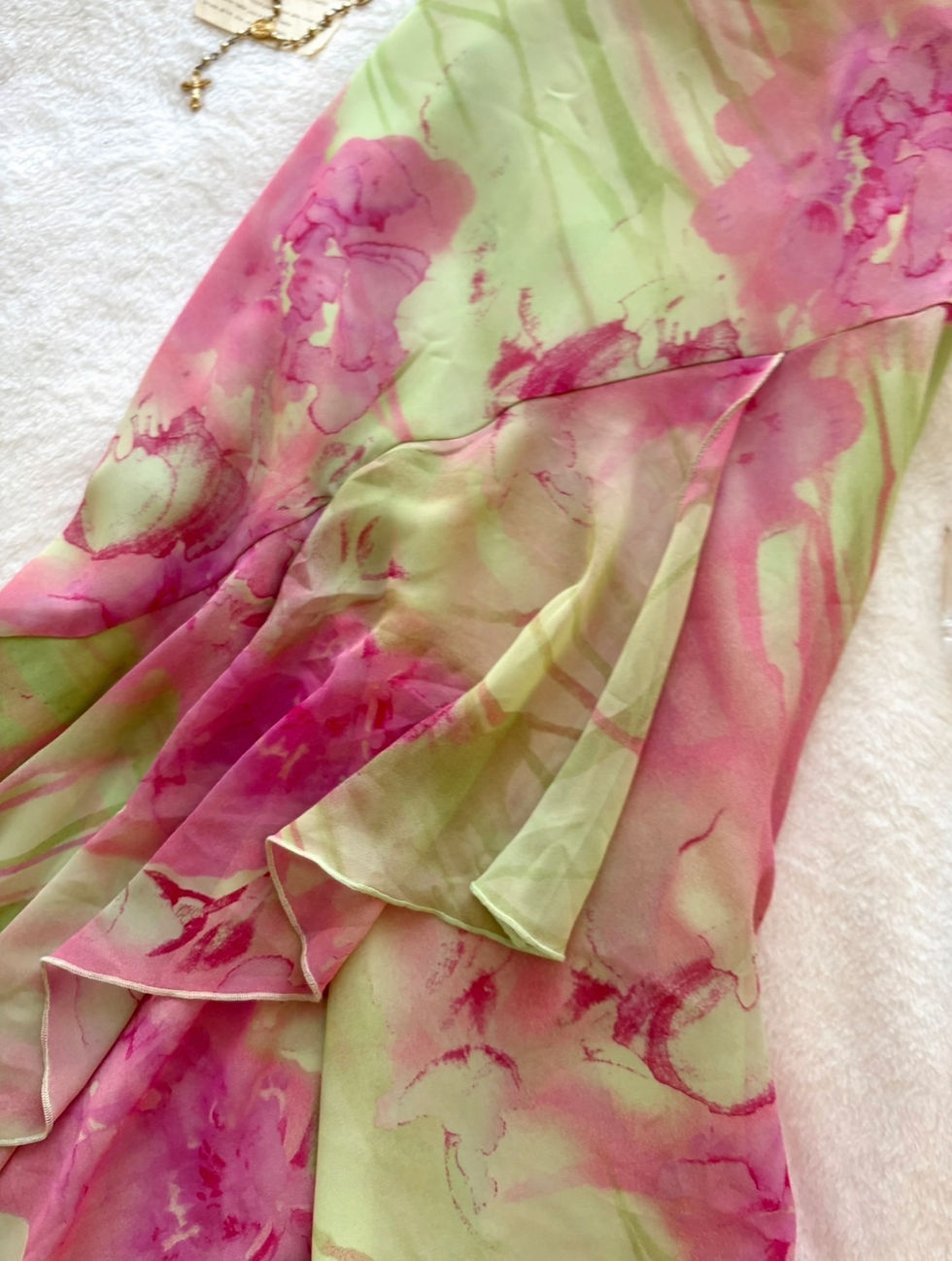Thumbnail: ❀ Whimsy Green & Pink Floral Dollette Flowing Midi Skirt ❀