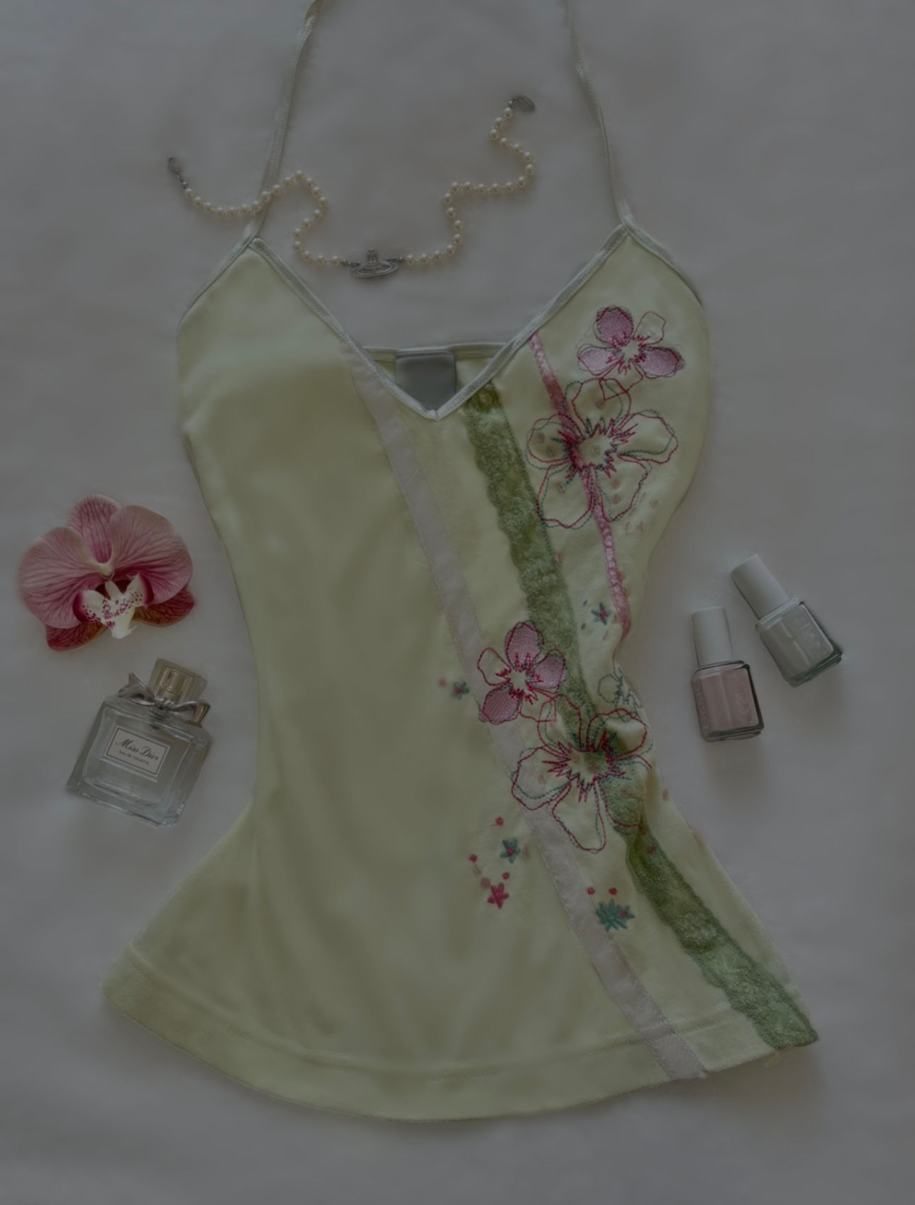 ❀ Floral Detailed Green & Pink Summertime Halter Top ❀