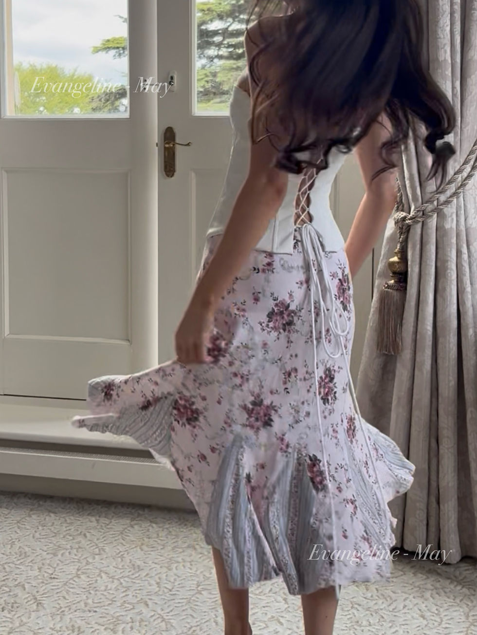 Thumbnail: ❀ Pastel Pink & Blue Floral Flowing Midi Skirt ❀