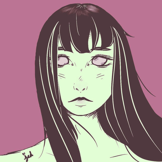 Digital painting of a woman with long black hair in purple tones
