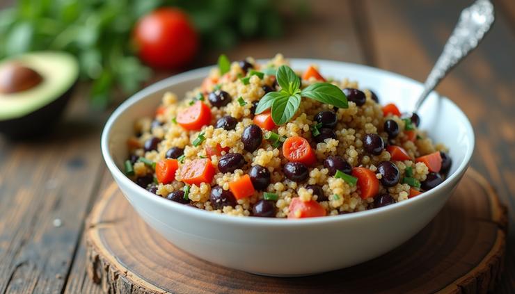 Eye-level view of a colorful quinoa and black bean salad in a white bowl on a wooden table