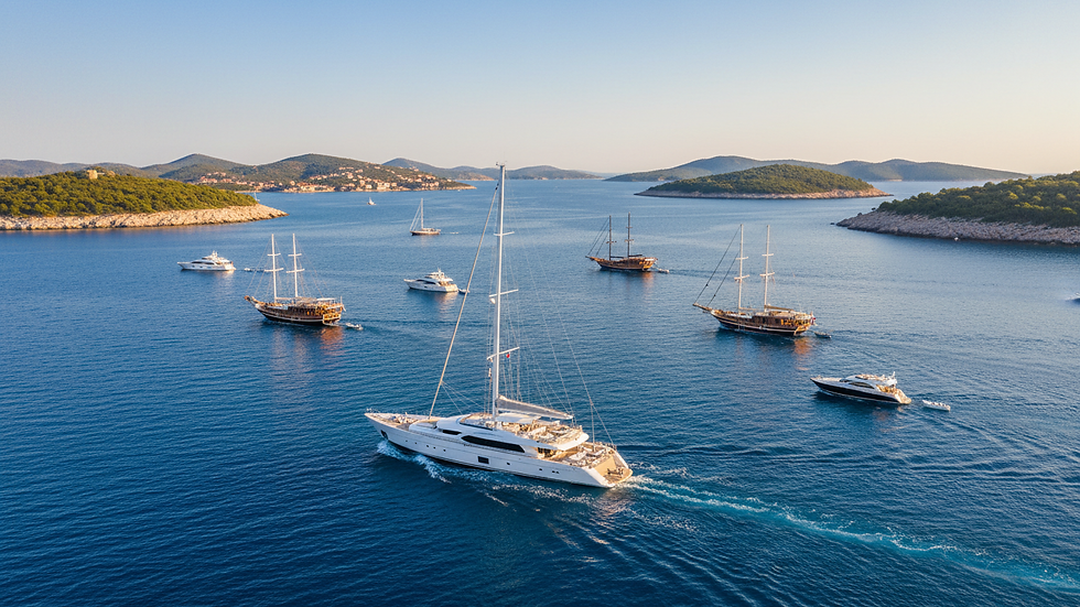 Wide angle view of luxury yacht sailing near Dalmatian islands