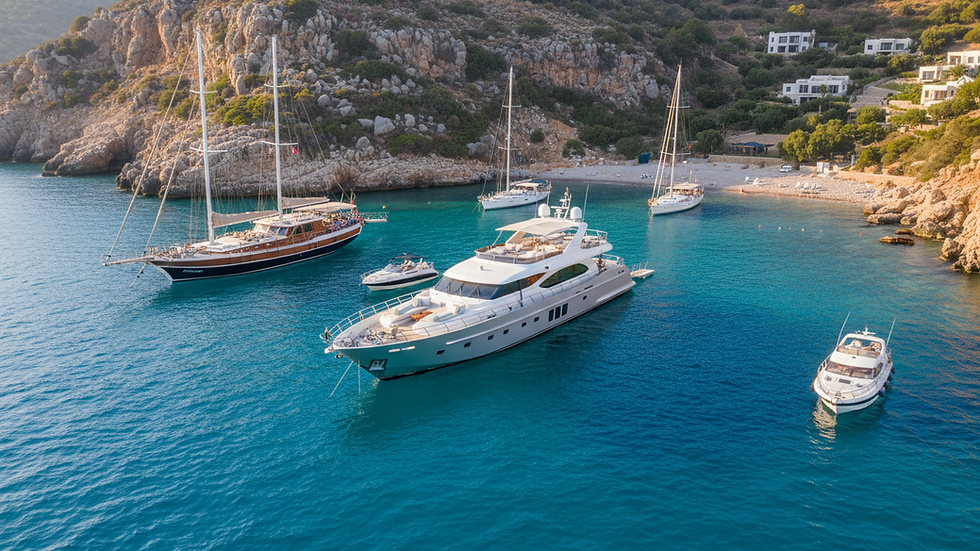 Eye-level view of a luxury yacht anchored near a rocky Mediterranean coastline