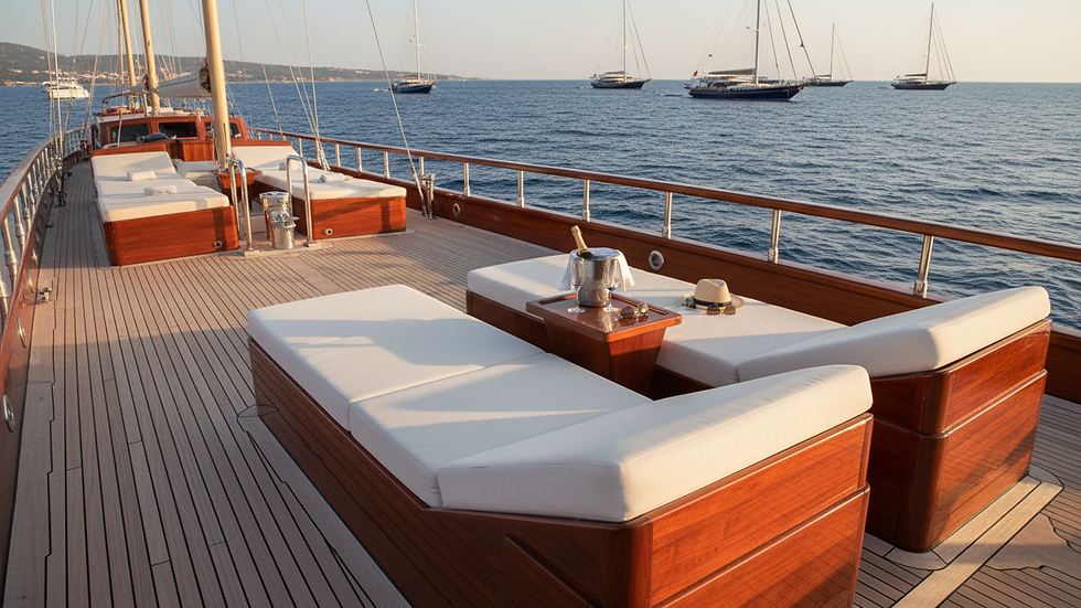 Close-up view of luxury gulet deck with sun loungers and sea in background