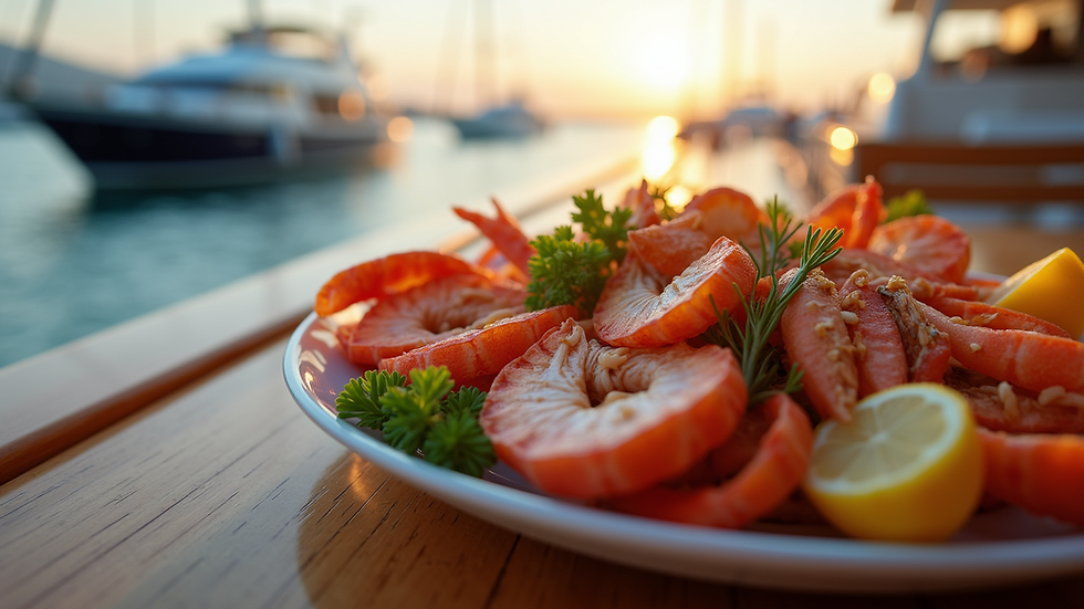 Close-up view of a gourmet seafood platter served on a yacht deck