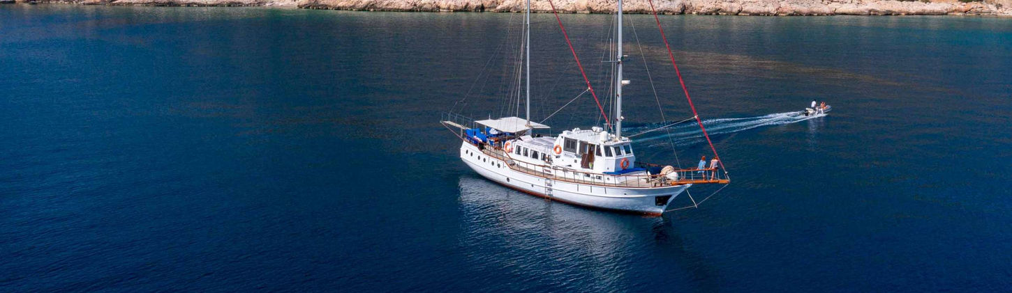 Meltemi gulet aerial view cruising near Greek islands coastline