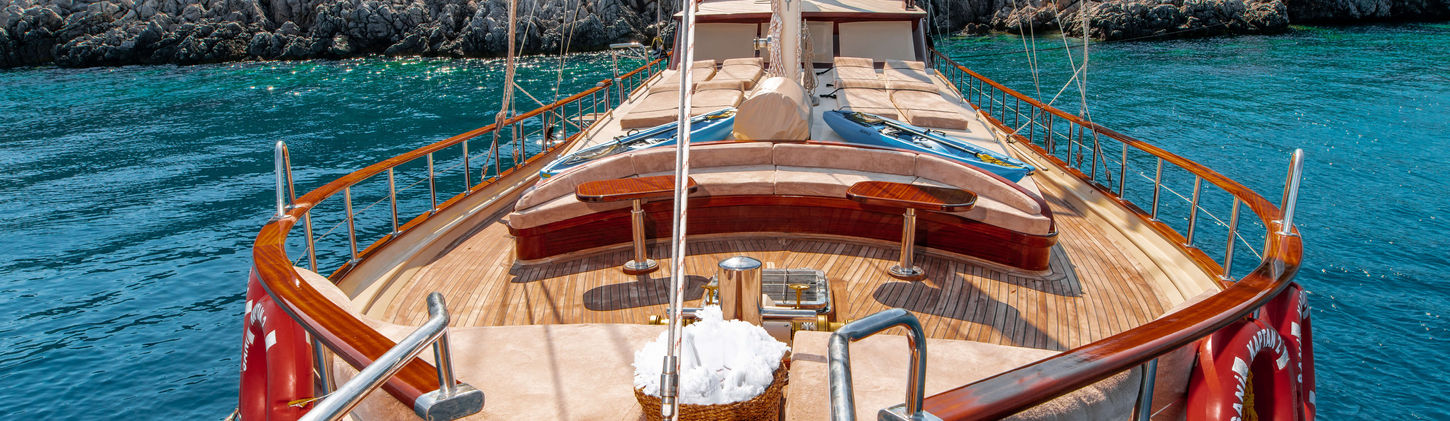 Sani Kaptan 2 gulet sun-deck forward sunbathing cushions and sea view