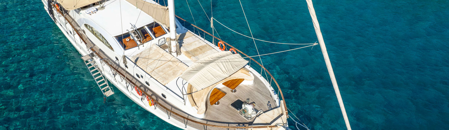 Queen of Sea gulet aerial view cruising near Bodrum coastline