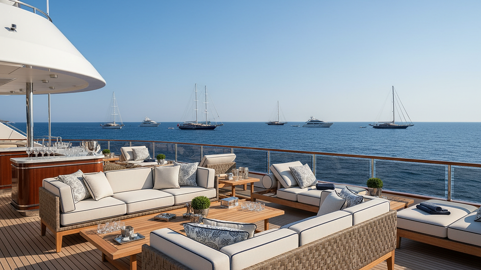 Eye-level view of a luxury yacht's sun deck with elegant seating and ocean backdrop