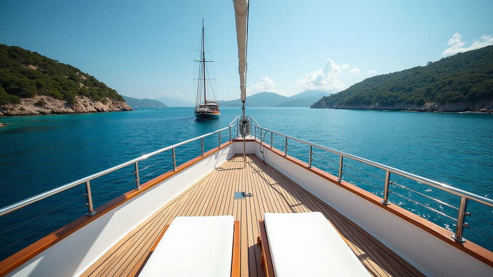 Eye-level view of a luxury yacht deck with sun loungers and ocean horizon