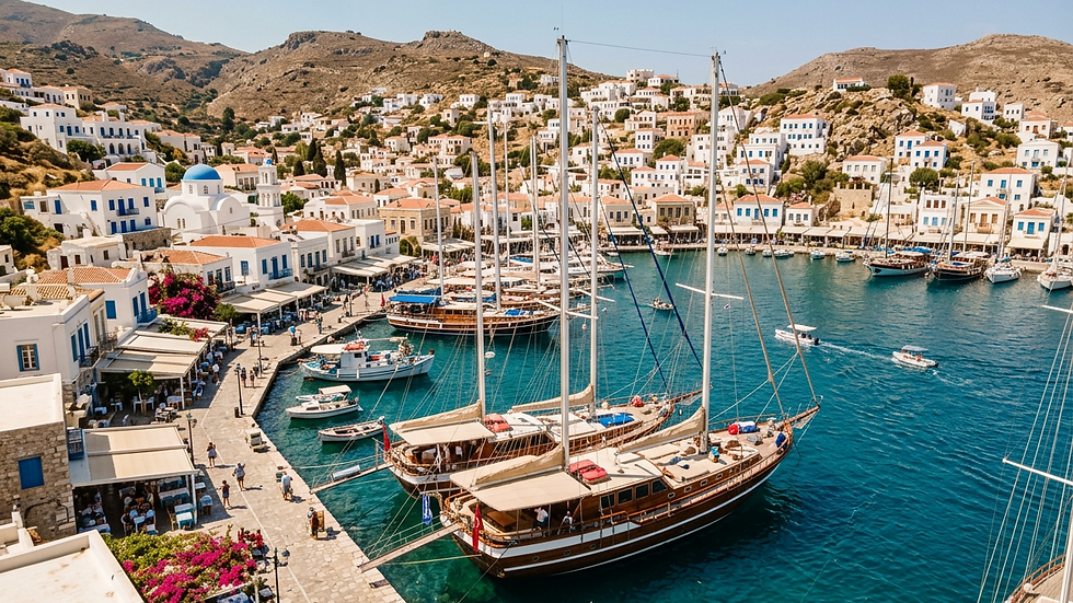 High angle view of a traditional Greek island harbour with white buildings and blue sea