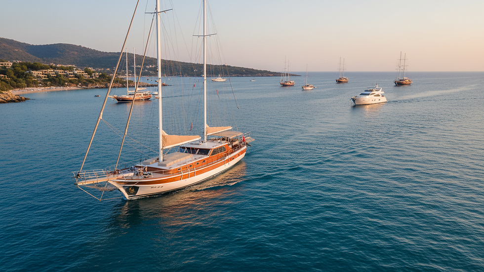 Eye-level view of a luxury gulet sailing on calm blue waters