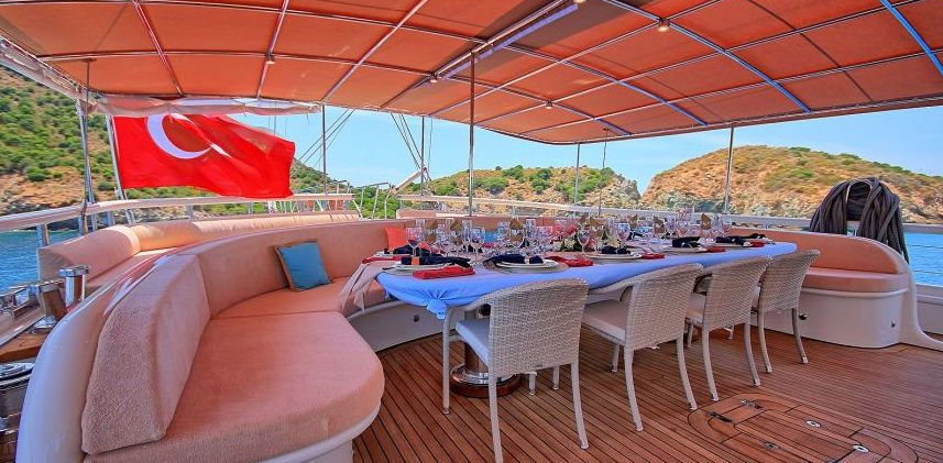 Queen of Salmakis gulet aft dining area with shade and teak deck