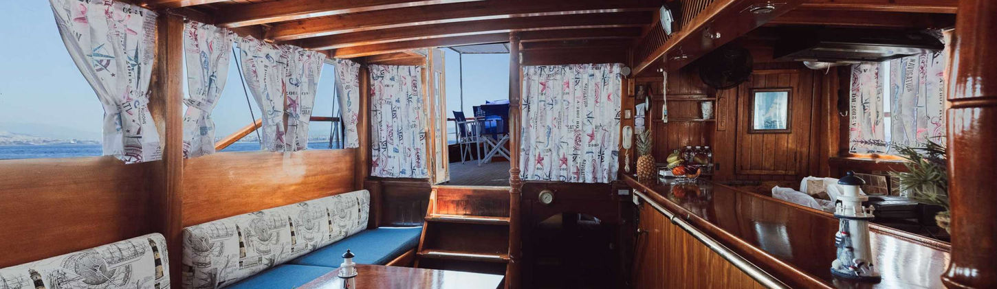 Meltemi gulet interior salon lounge with wood-panel finish and seating